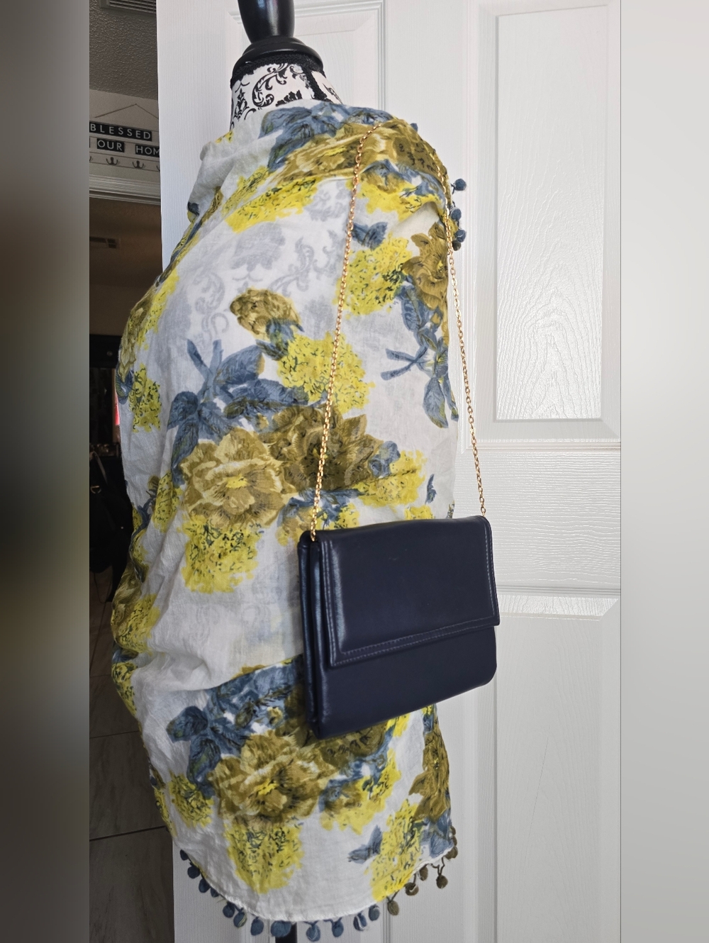 Vintage Classic Navy Leather Crossbody Bag with Gold Chain